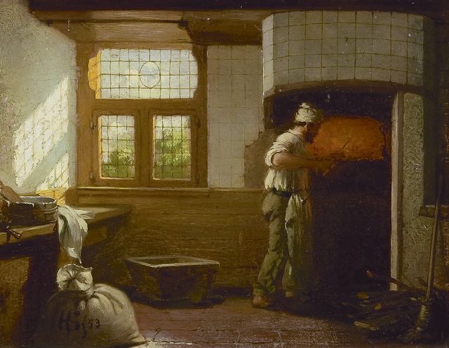 Hendricus Johannes Scheeres | A baker at work, oil on panel, 13.3 x 17.1 cm, signed l.l. with monogram and dated '53