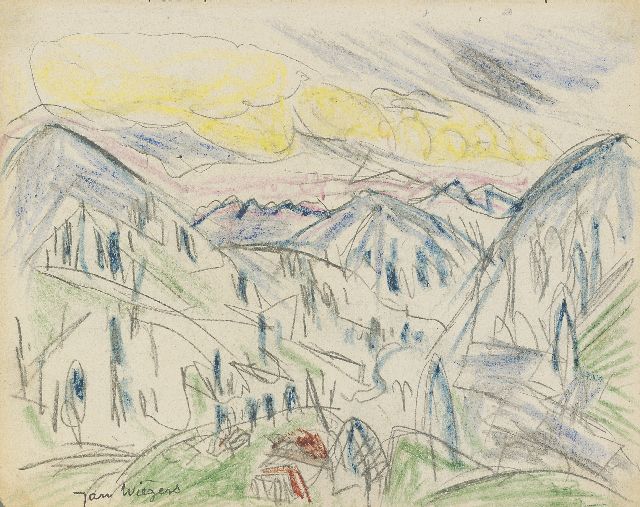 Wiegers J.  | Mountain landscape Davos; verso: Sketch of a boy, pencil and wax crayon on paper 17.5 x 21.5 cm, signed l.l. and executed ca. 1920