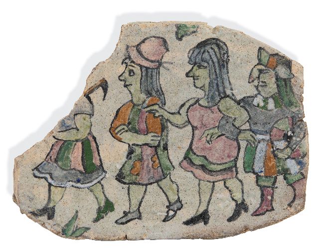 Harm Kamerlingh Onnes | Shard with four figures: polonaise, glazed pottery, 22.0 x 29.5 cm, signed on the reverse with Monogram and dated '73 on the reverse