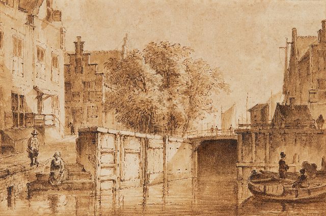 Westenberg G.P.  | The Oude Haarlemmersluis, direction Martelaarsgracht, Amsterdam, pen, brush and ink on paper 11.8 x 17.4 cm, signed on the reverse and dated 1822