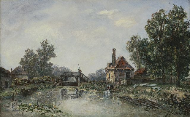 Fesser-Borrhée M.J.  | Washerwoman nearby a lock, oil on canvas 26.2 x 42.2 cm, signed l.r. and painted '88