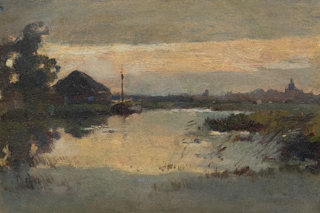 Knikker A.  | A river at sunset, oil on canvas laid down on panel 23.2 x 33.4 cm