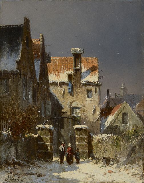 Eversen A.  | A town view in winter, oil on panel 19.0 x 15.1 cm, signed l.l.