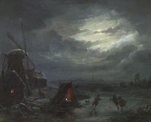 Jan Baptist Tetar van Elven | Moonlit winter landscape with skaters, oil on canvas, 27.3 x 33.6 cm, signed on the reverse
