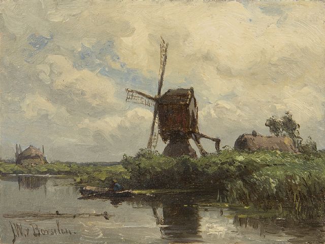 Borselen J.W. van | A windmill by the water, oil on panel 9.0 x 11.9 cm, signed l.l.