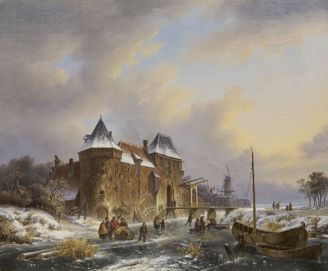 Straaten B. van | Skaters near a towngate (possibly Utrecht), oil on canvas 67.2 x 81.1 cm, signed l.r. on the rowing boat