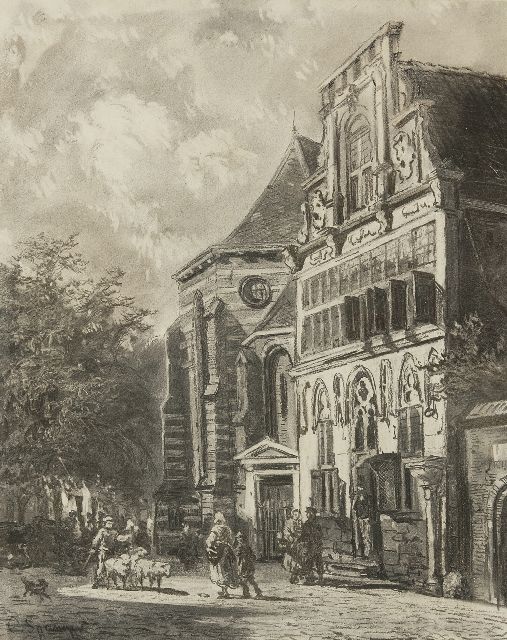 Cornelis Springer | Stedehuys Woerden (museum now), charcoal on paper, 48.5 x 39.5 cm, signed l.l. and painted ca. 1858