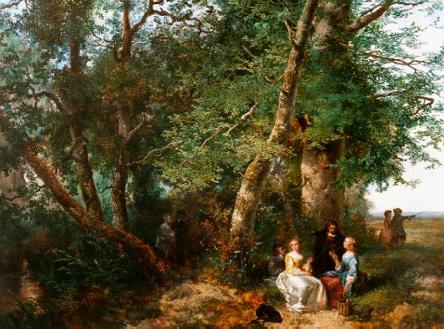 Kate J.M.H. ten | An elegant company in a wooded landscape, oil on panel 48.5 x 61.7 cm, signed l.r. and dated 1852