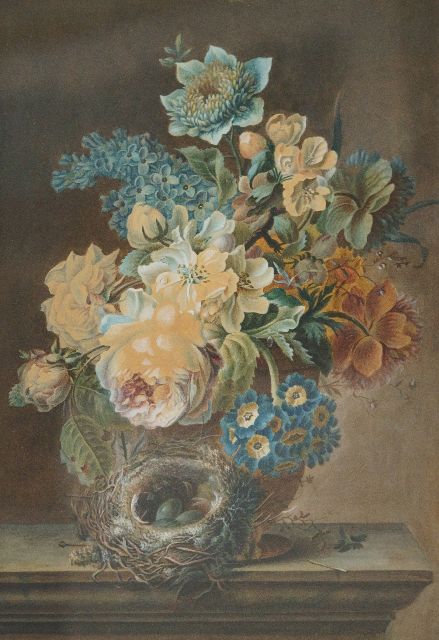 Knip H.G.  | Stillife with flowers and a birds nest, watercolour on paper 41.6 x 28.5 cm