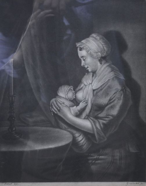 Onbekend (C.L.A. V/D M)  | Nursing mother (after Cornelis Troost), etching on paper 28.5 x 22.8 cm