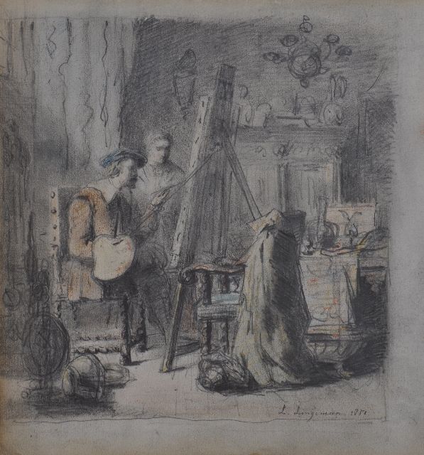 Lingeman L.  | Artist in his studio (probably Rembrandt), pencil and chalk on paper 22.4 x 20.8 cm, signed l.r. and dated 1852