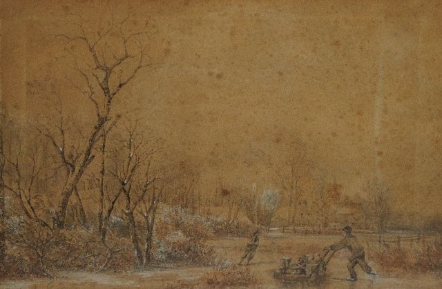 Breuhaus de Groot F.  | Winterscene with skaters, brush and Indian ink and watercolour on paper 19.2 x 28.9 cm, signed l.l. with initials