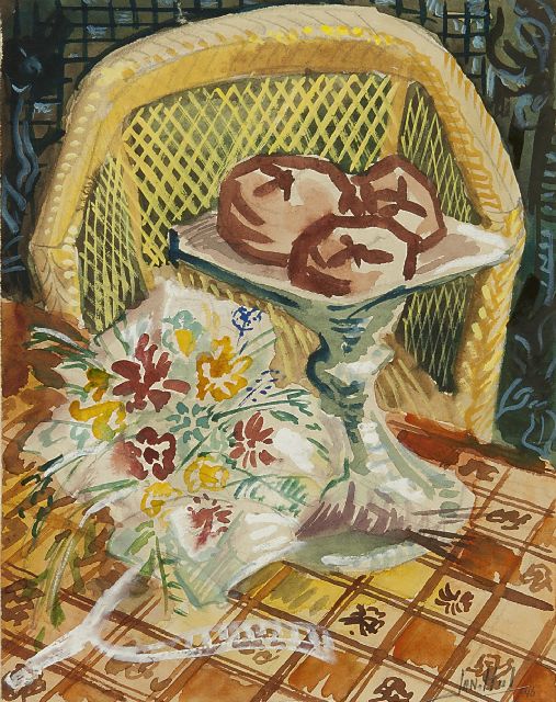Jan Hul | A still life with bouquet and a dish of puffs, watercolour on paper, 18.7 x 14.6 cm, signed l.r. and dated '46