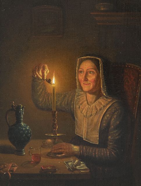 Willem Thans | Woman with a candle, oil on panel, 29.7 x 22.4 cm, signed l.c. on the table edge and dated 1850