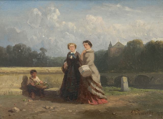 Verveer S.L.  | Two ladies and a child selling flowers in a landscape, oil on panel 15.1 x 20.2 cm, signed l.r. and dated '57