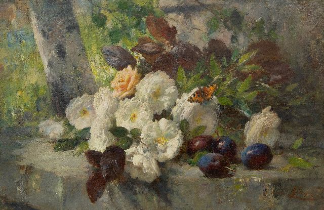 Joors E.  | A still life with roses, fruit and a butterfly, oil on canvas 48.5 x 73.8 cm, signed l.r.