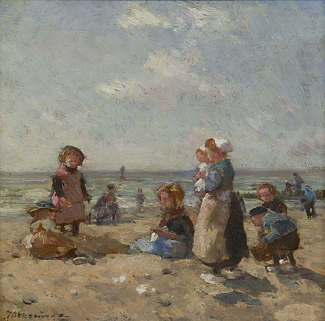 Johannes Evert Akkeringa | Children playing on the beach at Scheveningen, oil on panel, 16.3 x 16.8 cm, signed l.l.