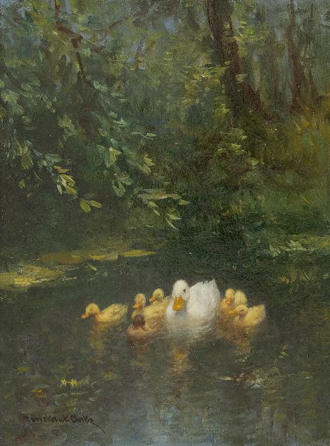 Constant Artz | A duck and ducklings in the water, oil on panel, 24.0 x 17.9 cm, signed l.l.