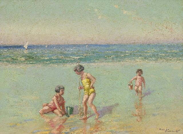 Roméo Dumoulin | Children at the beach, oil on painter's board, 30.7 x 40.9 cm, signed l.r.