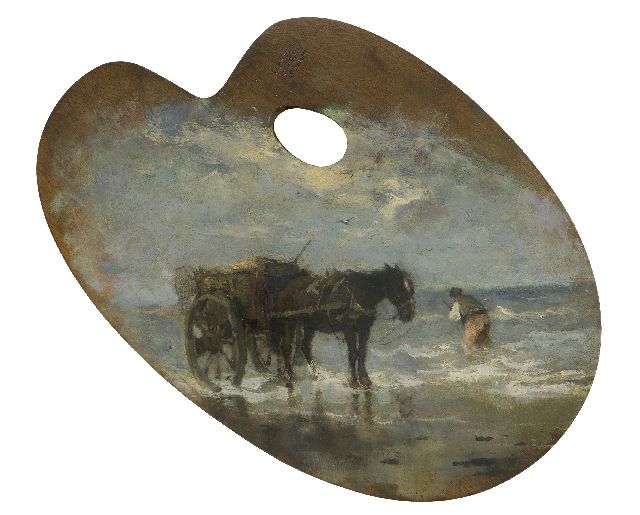 Johan Frederik Cornelis Scherrewitz | Shell fishing along the coast, painted on a painter's palette, oil on wood, 34.0 x 37.7 cm, signed l.l. with monogram