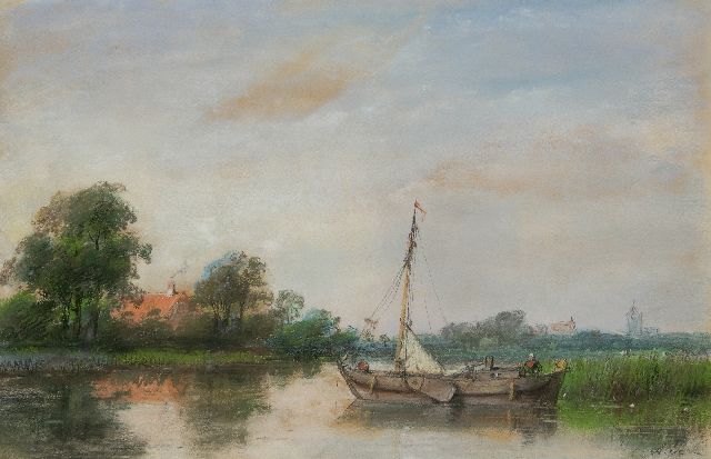 Andreas Schelfhout | Moored sailing ship in a landscape, pencil and pastel on paper, 24.3 x 37.5 cm, signed l.r. with initials