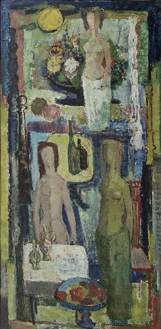 Rien Goené | Figures in an interior, oil on painter's board, 122.1 x 60.8 cm, signed on the reverse
