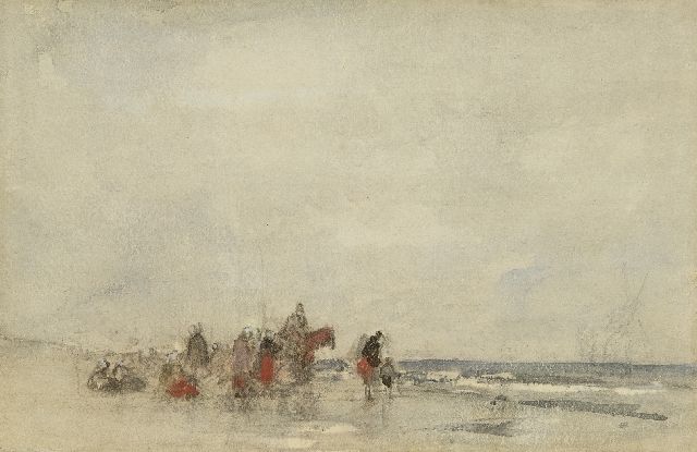 Jacob Maris | Fisher women on the beach, chalk and watercolour on paper, 21.0 x 28.7 cm