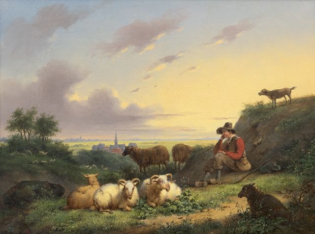 Simon van den Berg | A shepherd and his flock in a Dutch landscape, oil on canvas, 42.2 x 56.1 cm, signed l.l. and painted ca. 1838