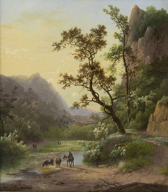 Marinus Adrianus Koekkoek I | Travellers in a river valley, oil on canvas, 23.2 x 20.5 cm