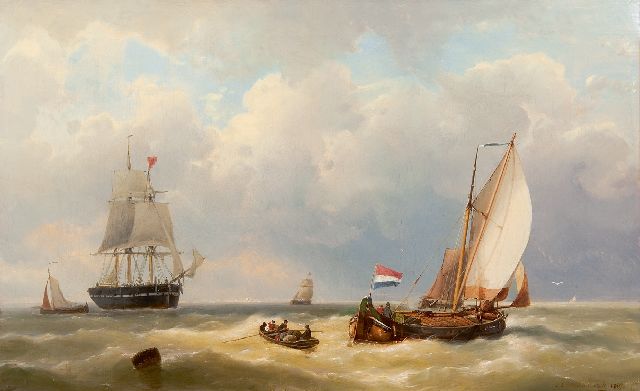 Koekkoek J.H.B.  | Barges at sea, oil on canvas 54.3 x 87.3 cm, signed l.r. and dated 1866