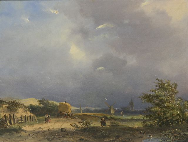 Hilleveld A.D.  | A landscape with farmers and a harvester, oil on panel 24.6 x 32.0 cm, signed l.l.