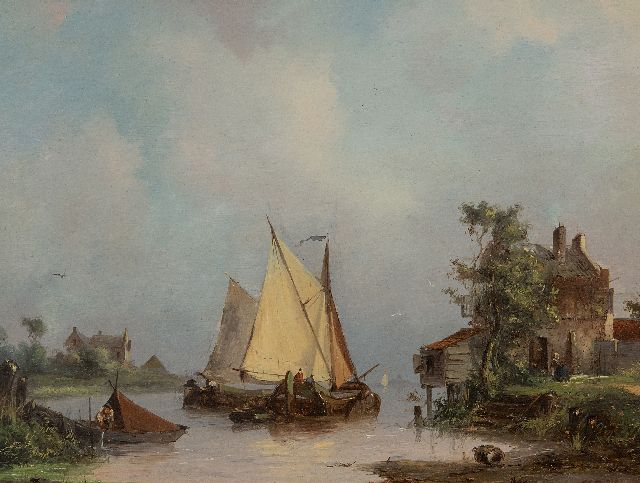 Adrianus David Hilleveld | Sailing ships on a river, oil on panel, 24.8 x 32.3 cm