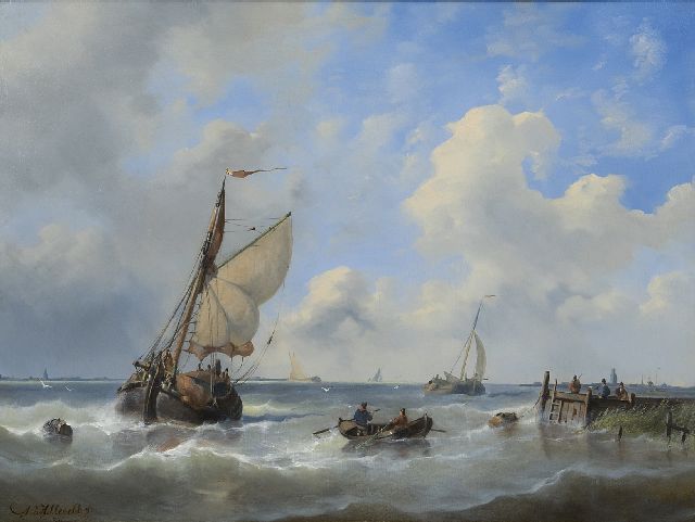 Adrianus David Hilleveld | Sailing vessels off the coast near a jetty, oil on panel, 43.1 x 56.5 cm, signed l.l. and dated '54