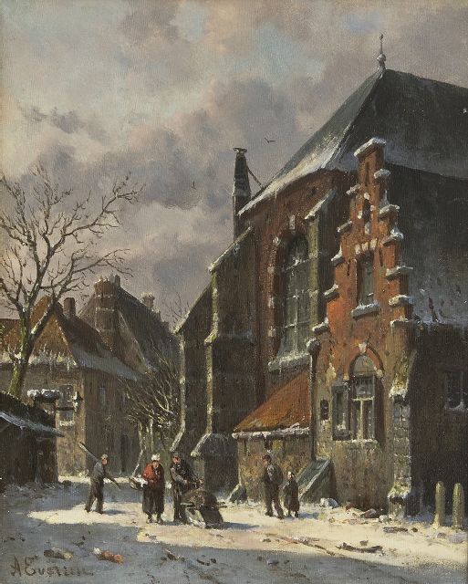 Adrianus Eversen | A town in winter with figures, oil on panel, 25.0 x 19.5 cm, signed l.l.