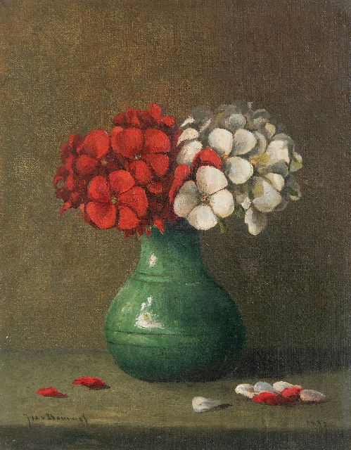 Jacobus Marinus van Bommel | Red and white geranium flowers in a vase, oil on canvas laid down on panel, 23.0 x 18.1 cm, signed l.l. and dated 1917