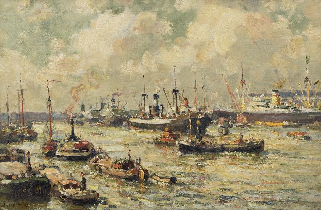 Moll E.  | Activity in the Rotterdam harbour, oil on canvas 40.1 x 60.5 cm, signed l.l.