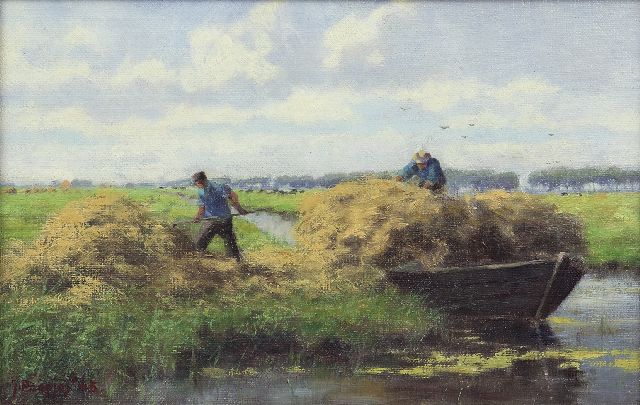 Jan Holtrup | Harvest time near Akkrum, oil on canvas laid down on panel, 18.5 x 28.6 cm, signed l.l. signed 'J. Poepjes' and dated '45