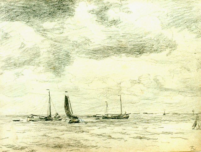 Tholen W.B.  | Shipping on the Zuiderzee, pencil on paper 22.5 x 30.0 cm, signed l.r. with initials