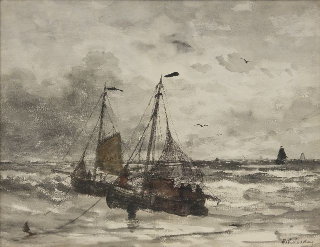 Hendrik Willem Mesdag | Fishing boats at anchor in the surf, watercolour on paper, 45.0 x 57.7 cm, signed l.r.