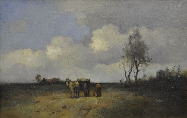 Knikker A.  | A landscape with a farmer digging sand, oil on canvas 50.2 x 74.8 cm, signed l.l.