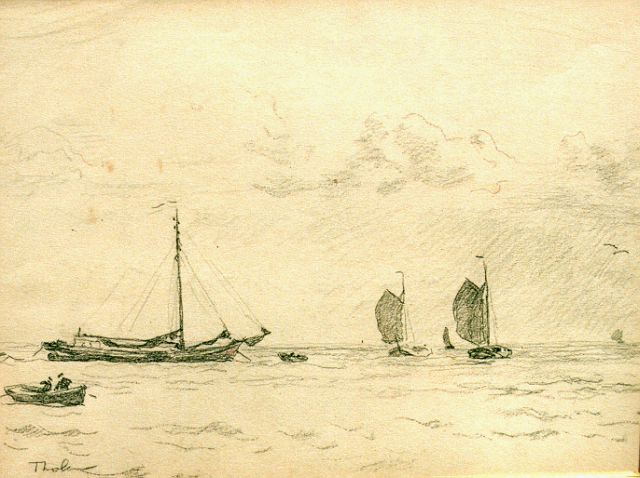 Willem Bastiaan Tholen | Shipping on the Zuiderzee, pencil on paper, 22.5 x 30.0 cm, signed l.l.