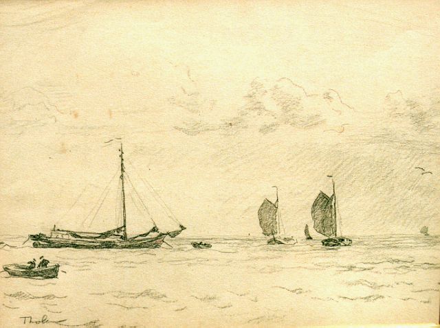 Tholen W.B.  | Shipping on the Zuiderzee, pencil on paper 22.5 x 30.0 cm, signed l.l.