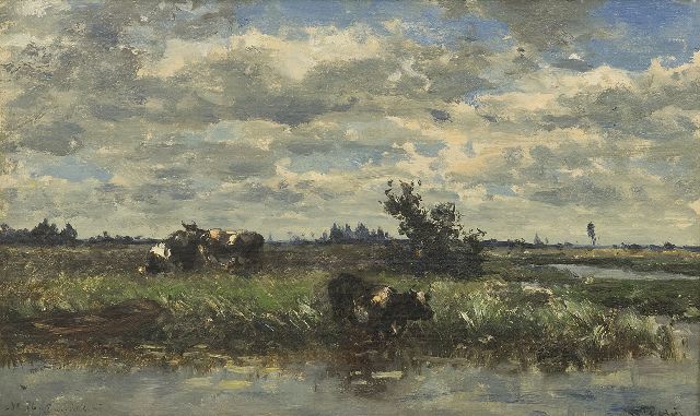 Willem Roelofs | Cows at the water's edge, Loosdrecht, oil on canvas, 27.0 x 44.4 cm, signed l.r.