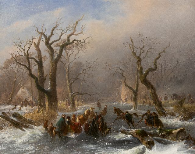 Johannes Tavenraat | Skaters and a horse sleigh on a frozen forest stream near Kleve, oil on canvas, 76.1 x 94.2 cm, signed l.l. and dated 1857