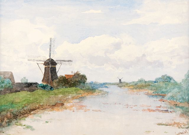 Gabriel P.J.C.  | View on the Proosdijer windmill on the river Winkel, watercolour on paper 36.1 x 53.3 cm, signed l.r.