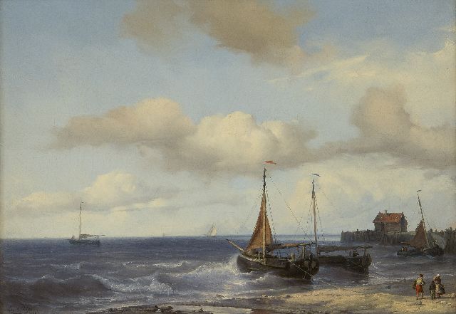 Meijer J.H.L.  | Fishing ships in the breakers, oil on canvas 32.4 x 46.0 cm, signed l.l. and dated 1847