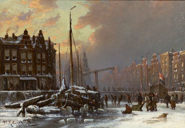 Willem Hendrik Eickelberg | Skaters on a frozen canal, Amsterdam, oil on panel, 26.8 x 38.2 cm, signed l.l. and painted after 1904
