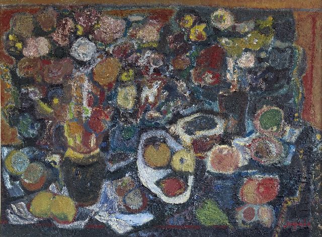 Jaap Min | Still life with fruit and flowers, oil on canvas, 75.0 x 100.0 cm, signed l.r.