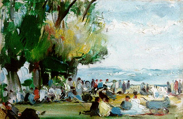 Margoteau R.P.  | Figures in a park, oil on canvas laid down on panel 16.0 x 22.0 cm, signed l.r.