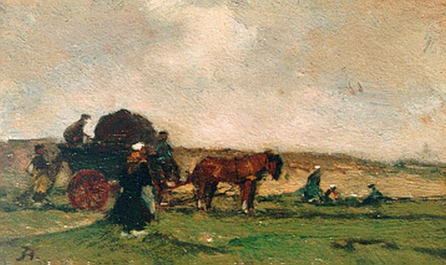 Johannes Evert Akkeringa | Netmenders in the dunes, oil on panel, 7.5 x 12.6 cm, signed l.l. with monogram